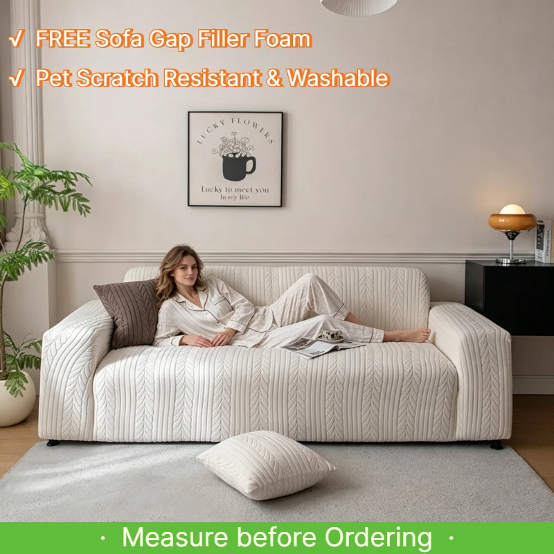 Jacquard Fleece Sofa Slipcover - Elastic Full Wrap Non-Slip Sofa Cover with Foam Sticks,Pet Scratch Resistant, Fits Most Sofas