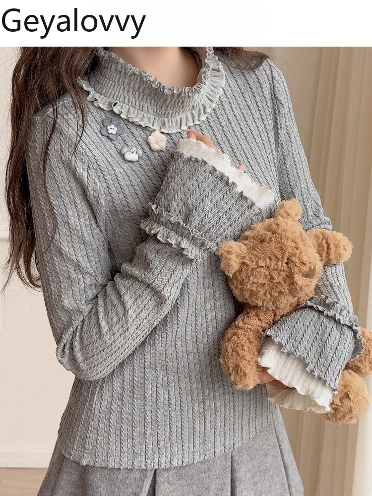 

Sweet Style High Neck Long Sleeve T-Shirt for Women New Design Autumn and Winter Versatile Tops Gray Slim Fit Base Shirt