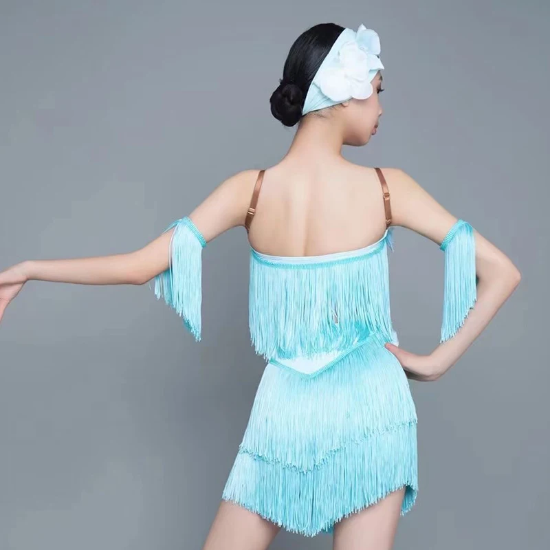 Nieuwe Latin Dans Kostuum Meisjes Kwastje Concurrentie Jurk Cha Cha Rumba Samba Prestaties Fringe Pak Kids Praktijk Kleding NV18201