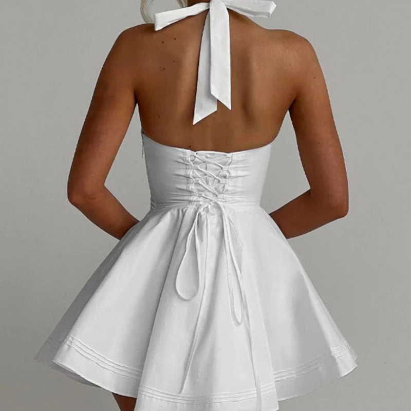 YENKYE Sexy Deep V Halter White Mini Dress Women Fashion Backless A-line Elegant Party Dresses Summer Robe Lace Up Vestidos