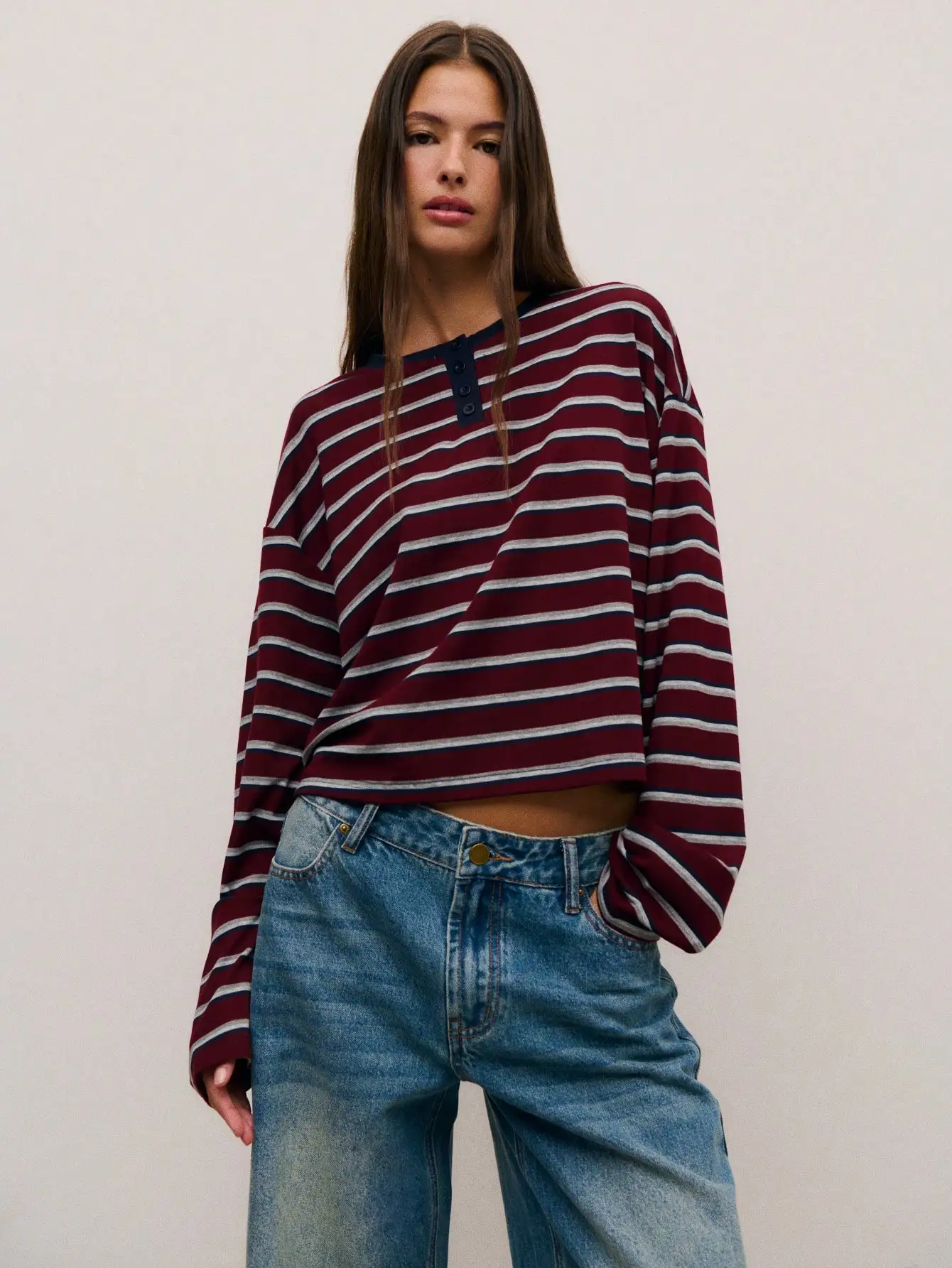 

Women's Relaxed Fit Striped Henley Top - Maroon, Gray & Navy