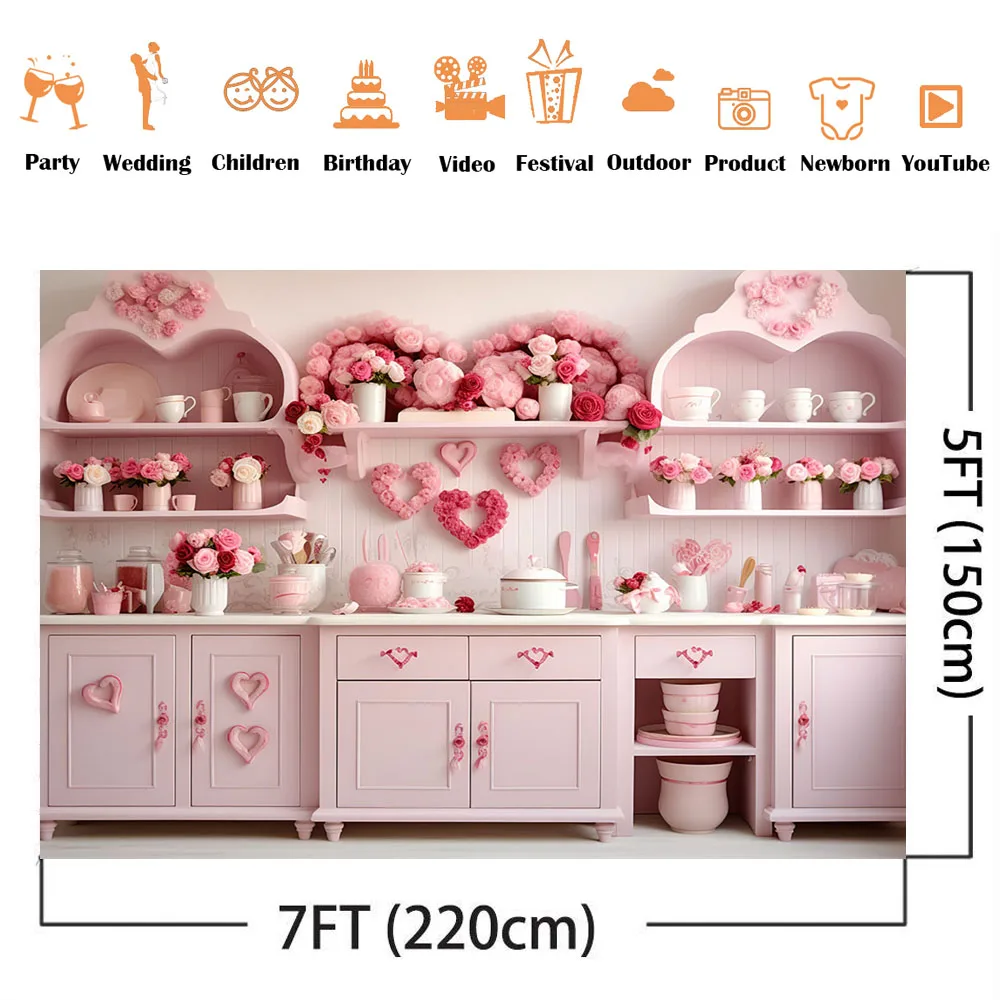 Фон для студийной фотосъемки с изображением кухни на День святого Валентина, розового сердца, цветов, романтическое украшение, баннер для девочек