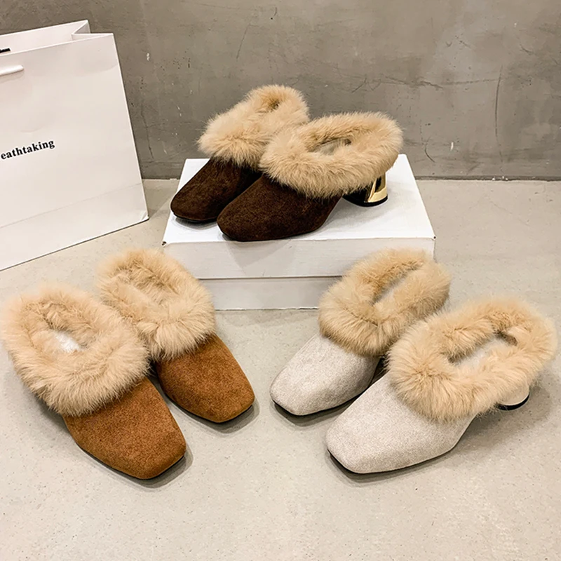

Slip-on Square Toe High Heel Fur Mules Women Fashion Closed Toe Plush Court Clogs Ladies Winter Warm Furry Slippers