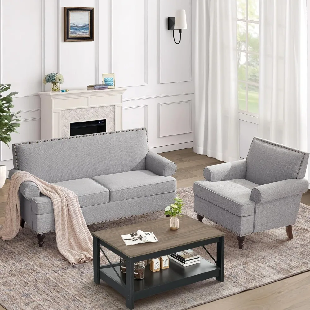 2 Piece Living Room Furniture Sets with Loveseat Sofa and Accent Chair, Upholsteded Loveseat Couch with Rivet