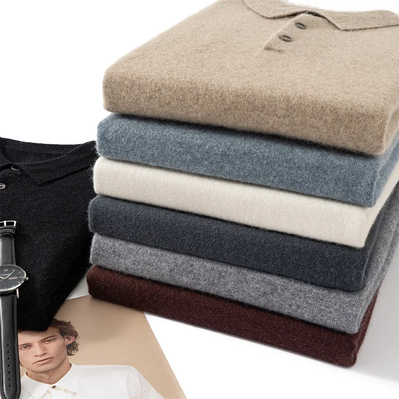 

High Quality Men 100% Cashmere Sweater Autumn Winter Long Sleeve Polo Pullover Smart Casual Knitwear Soft Warm Clothing Tops New