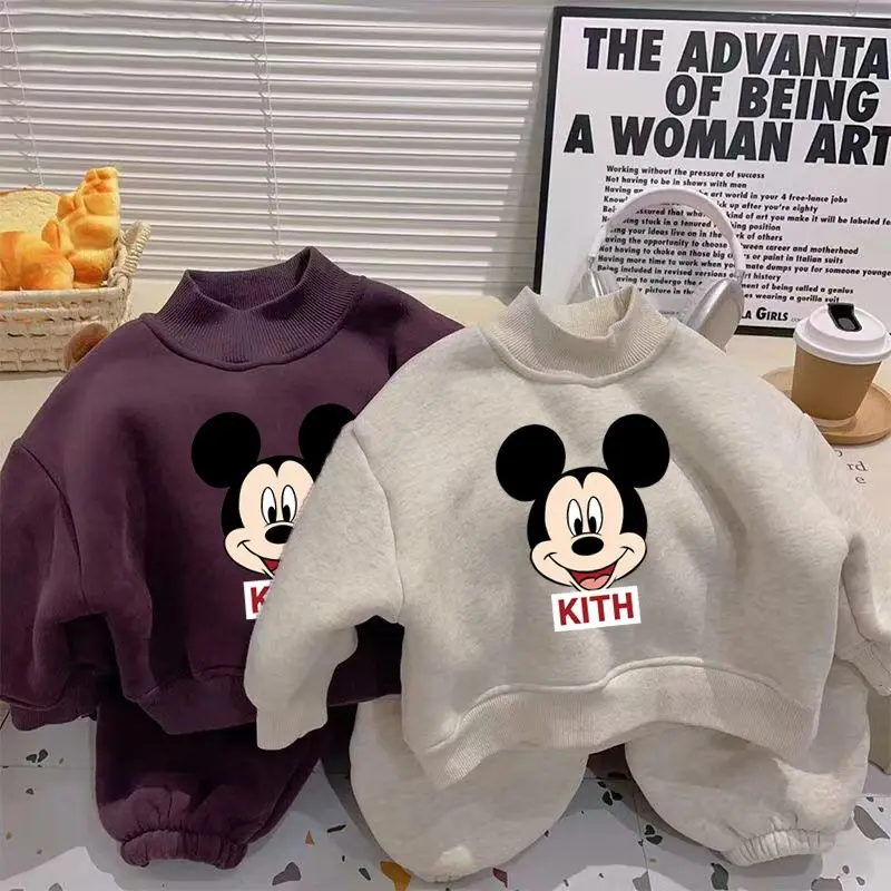 ディズニー-子供用の暖かいスウェットシャツとスウェットパンツトラックスーツ、子供服セット、厚手のスーツ、カシミア、カジュアル、2個