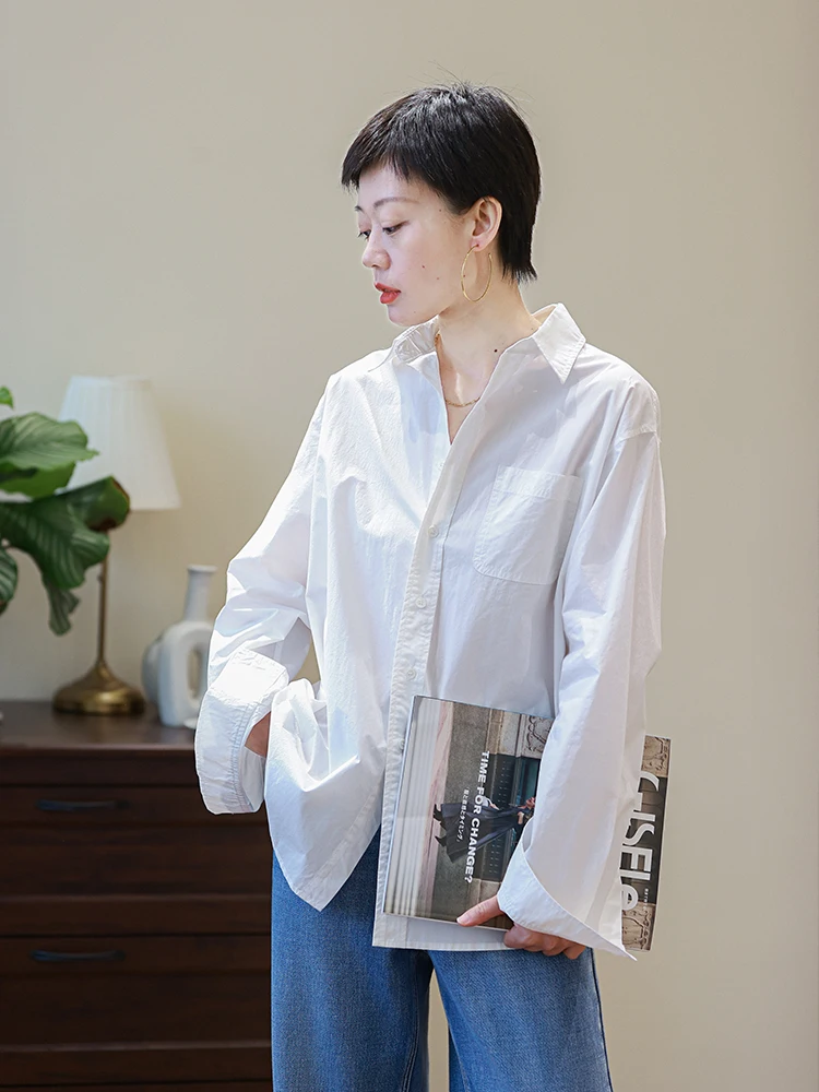 

Женская осенняя новинка: дышащая рубашка свободного кроя с длинным рукавом из чистого хлопка высокой плотности, с воротником, в стиле BF (бойфренд).