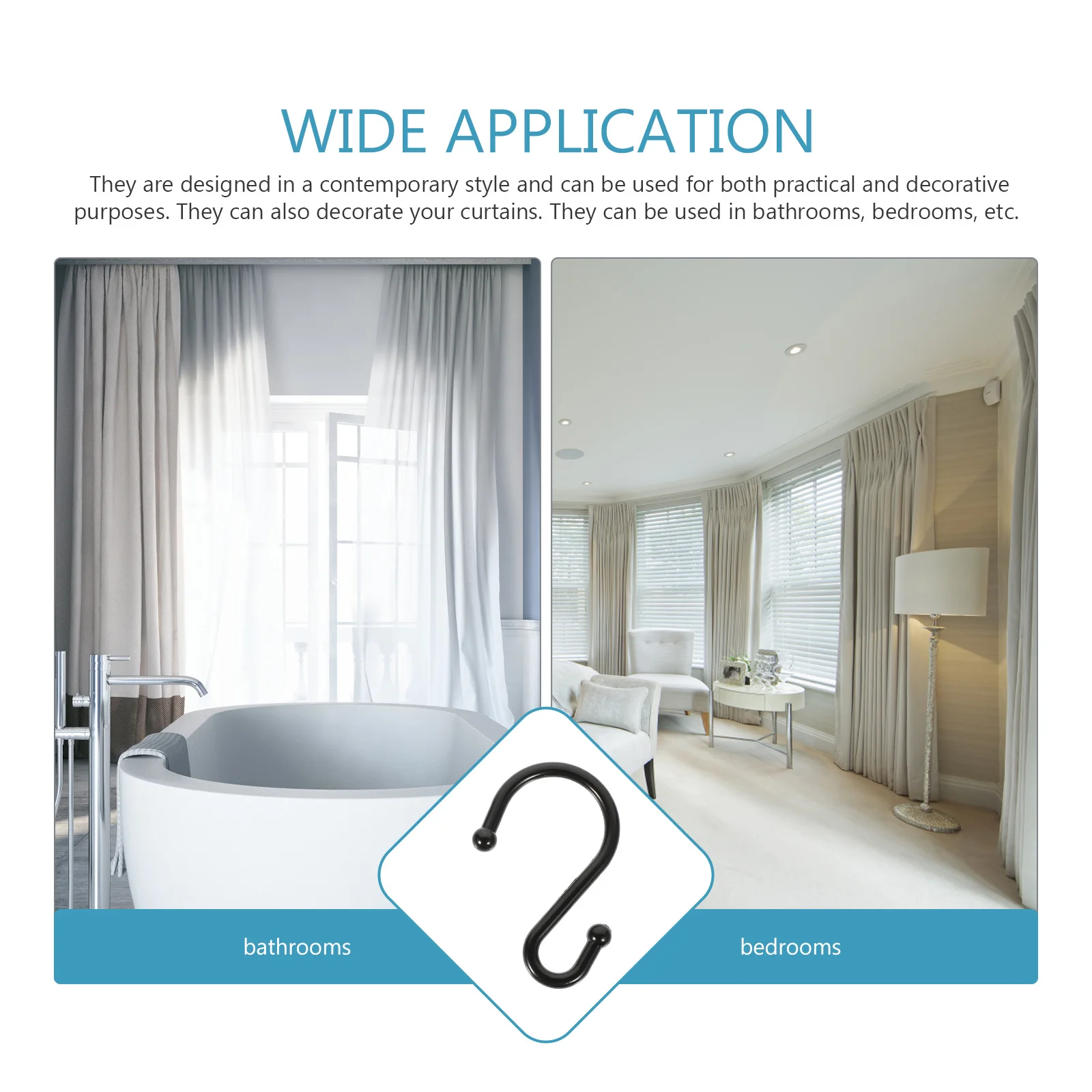 

12 шт. крючки для штор из цинкового сплава, S-образные, металлические кольца для душа, легкая установка без инструментов, плавное скольжение, для ванной и спальни