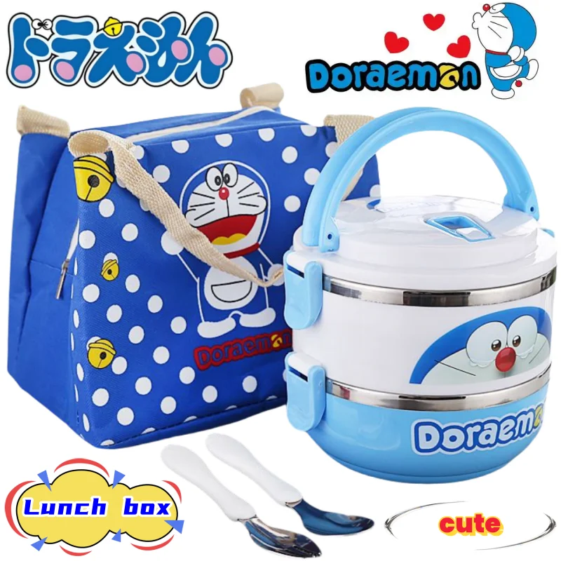 صندوق غداء من الفولاذ المقاوم للصدأ ثنائي الأبعاد من Doraemon Anime مناسب للعمل صندوق وجبات مقصورة مع وعاء ومجموعة ملعقة #1
