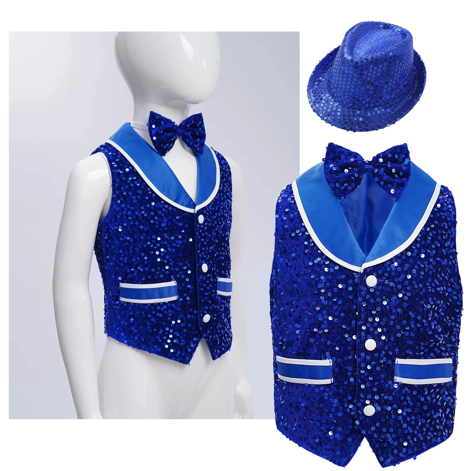 

Unisex Kids Vest Waistcoat with Hat Set Girls Boys Children Glittery Sequined Choir Hip-hop Jazz Dance Stage Performance Costume