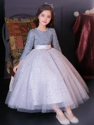 Girls' dress Long sleeve flower child Princess dress Children's host piano dress High-end birthday evening dress spring summer