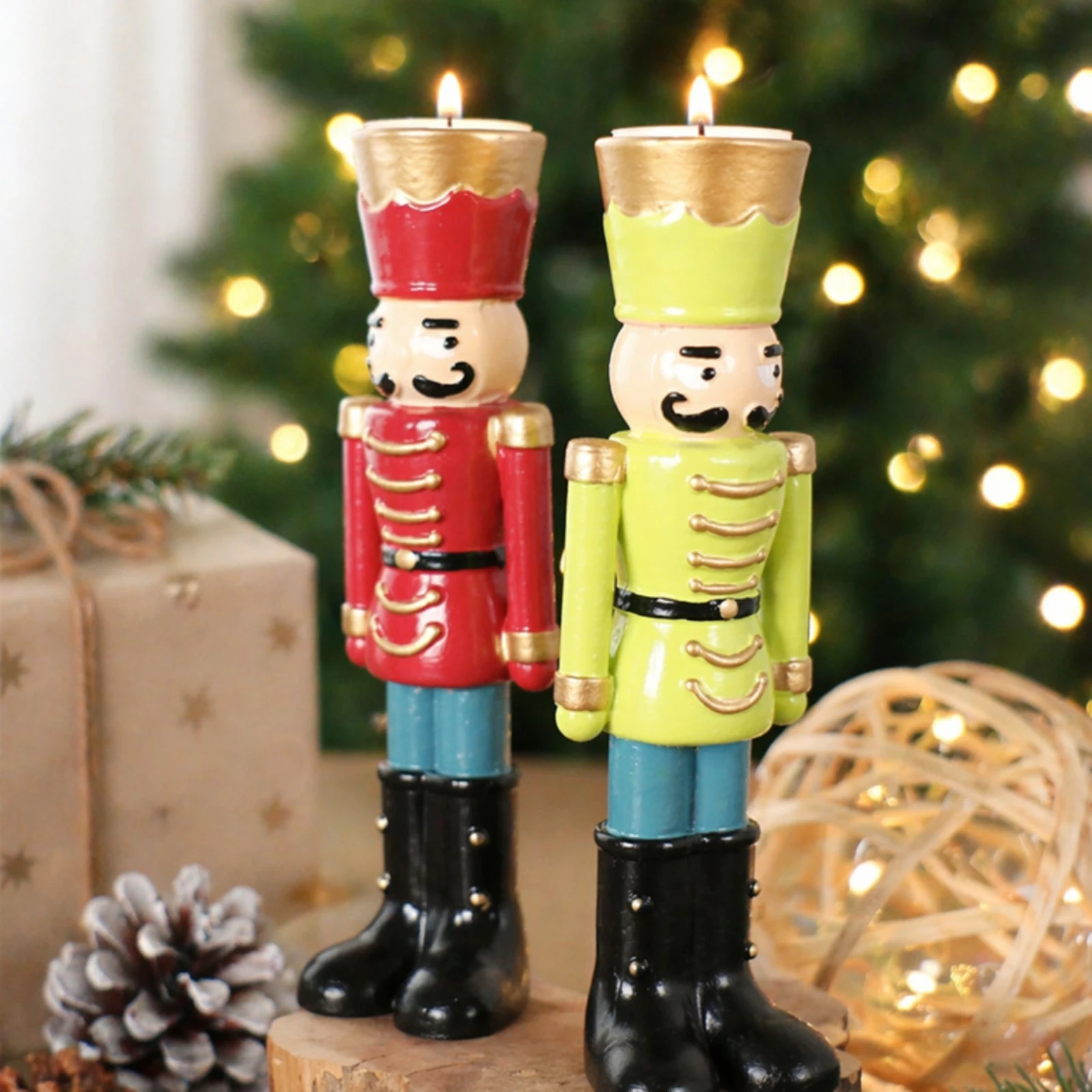 Nutcracker Candle Holder Glossy Nutcracker Taper Holder Christmas Candlestick Hand-Painted Decor Multicolor for Mantel Styling