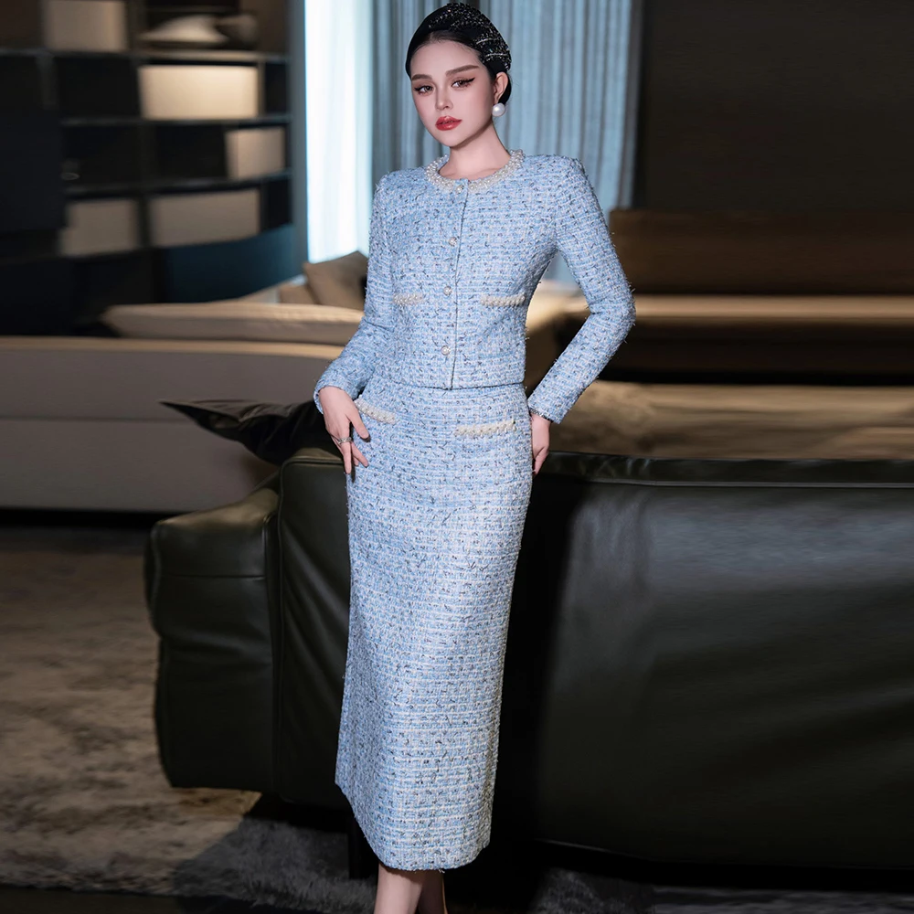 

ZJYT Элегантный роскошный твидовый пиджак с жемчугом и бисером, костюм с длинной юбкой, осенне-зимний женский наряд из двух предметов, комплекты вечерних платьев 2025 г.
