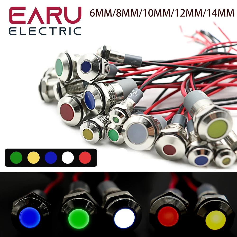 6mm 8mm 10mm 12mm 14mm Metal LED Warning Indicator Light Waterproof IP67 Signal Lamp Pilot Wires Switch 3V 5V 12V 220V Red Blue