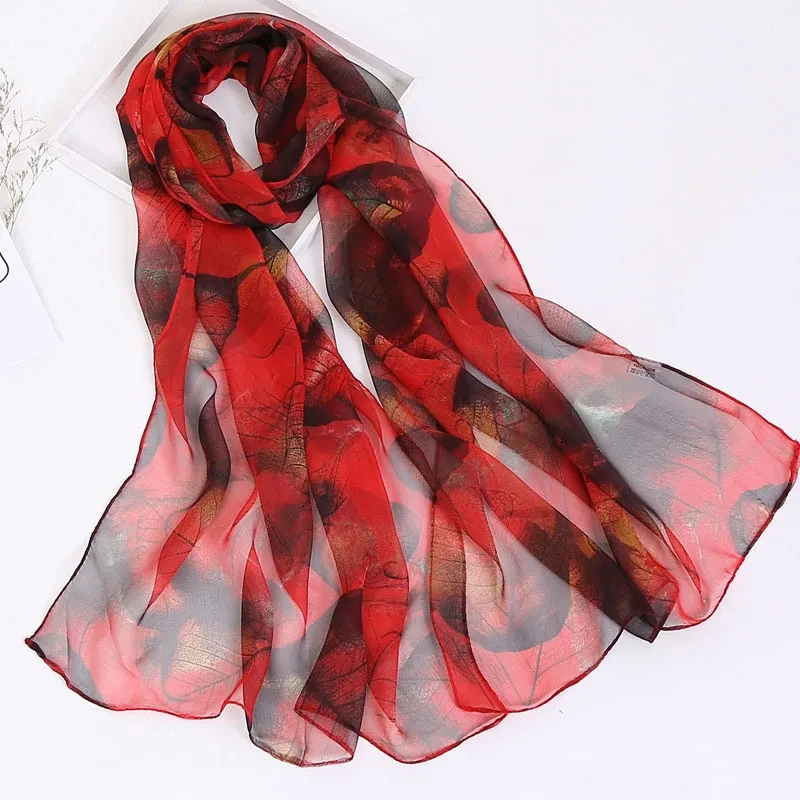 2024 Fashion Luxury Women Foulard Chiffon Georgette Bandana Silk Scarf Tree Leaf Thin Shawl Female Summer Wrap Hijab Neckerchief