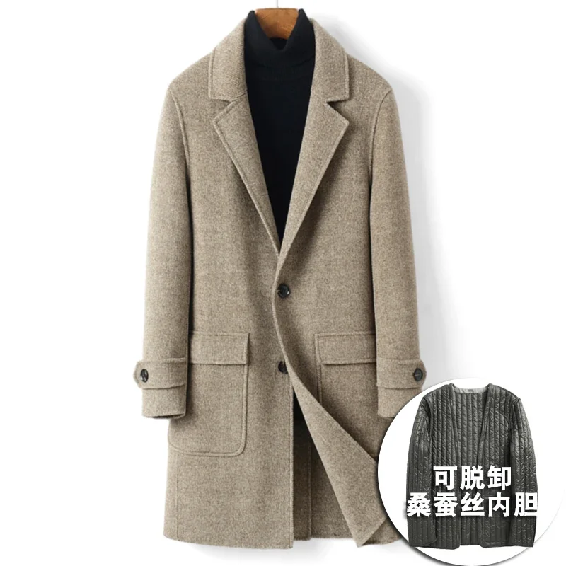 Winter Cashmere Coat Men Double-sided Wool Coats Men's Business Thick Medium Long Mulberry Silk Liner Large Size Jacket 5XL FCY