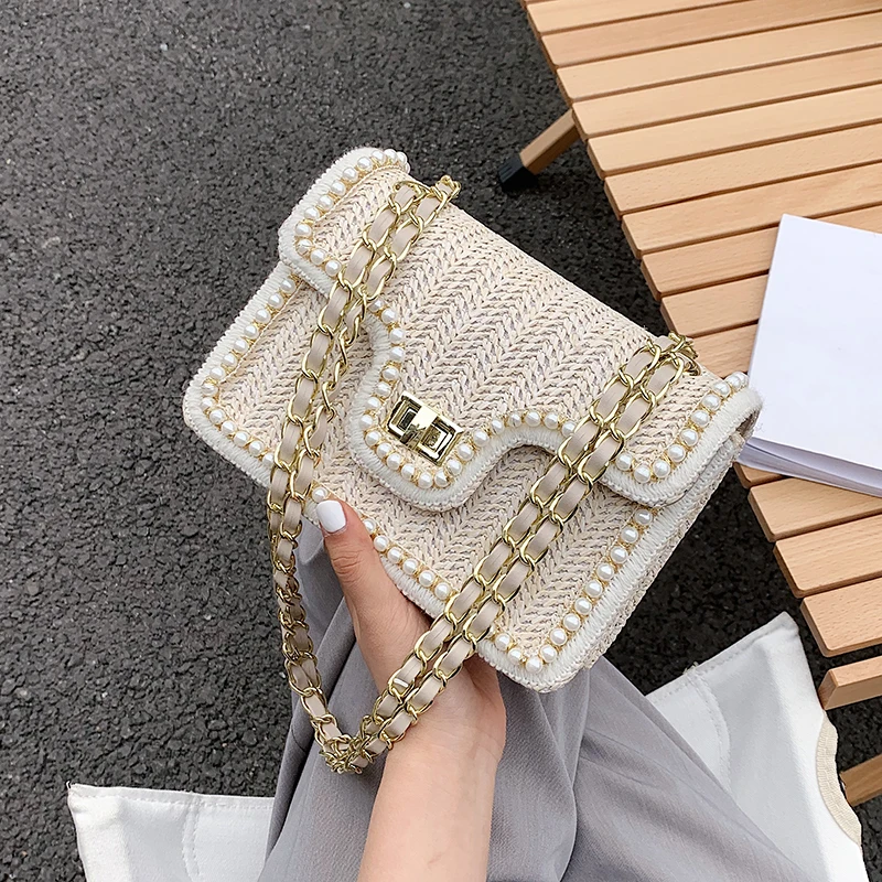 Lizzytsu Small Fragrance Style Luxury Flap Pearl Party Shoulder Bag Vintage Casual Crossbody Bag Korean Square Mini Message Bag