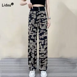 Pantalones de pierna ancha con estampado Vintage para mujer, ropa informal de cintura alta elástica empalmada, Chic, primavera y verano