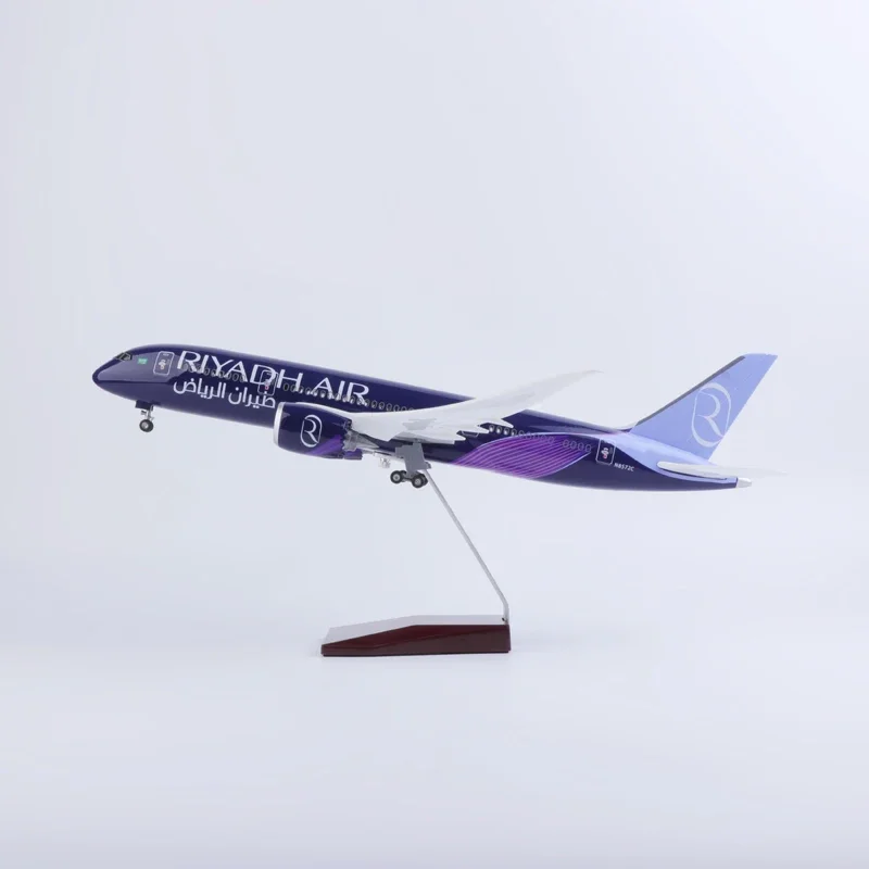 43CM Plane B787 Riyadh Air Airline Airplane Resin Aircraft with Lights Landing Gears Model Toys for Kids Home Decor Model Plane