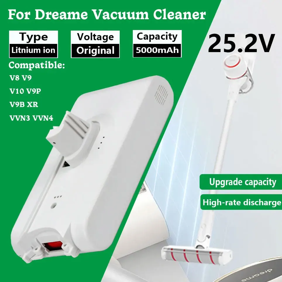 Pour Dreame V8 V9 V10 V9P V9B Dreame aspirateur batterie 25.2V 5000mAh VVN3 VVN4 sans fil collecteur de poussière Batteries de remplacement