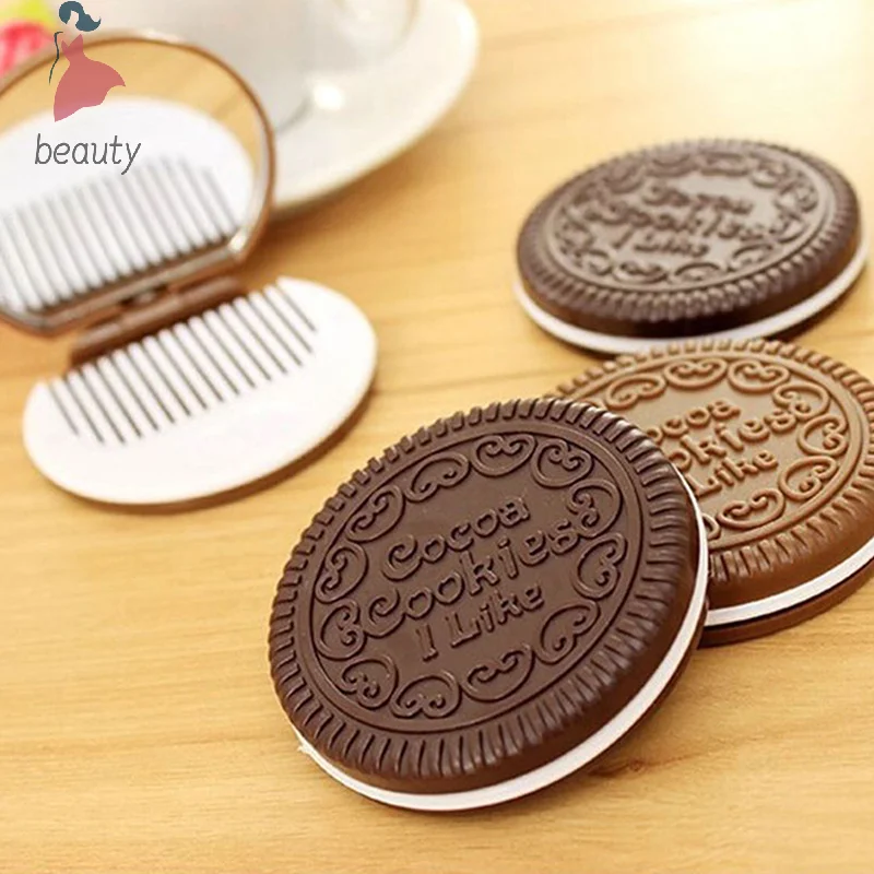 Mini espejo de bolsillo portátil con peine, espejo de diseño en forma de galleta de Chocolate, Marrón lindo, maquillaje de Chocolate, peine plegable, regalo de maquillaje