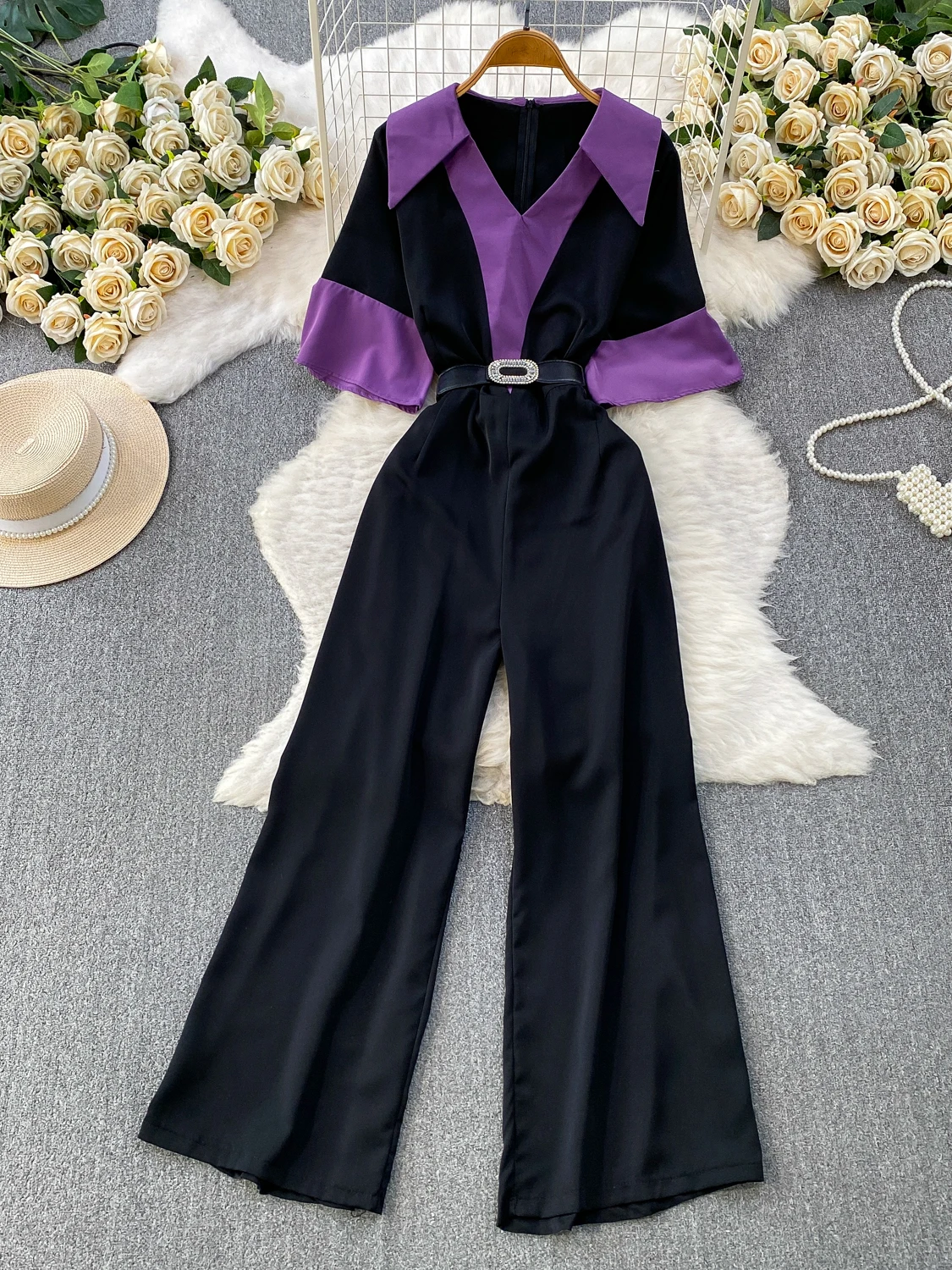 Slimming Wide Leg Pants V Neck Belt High Waist Fashionable Color Block Women's Summer Retro  Suit Office Commute