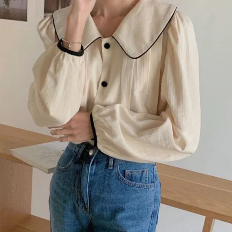 Large Size Doll Neck Bubble Sleeve Shirt 2025 New Spring Autumn Winter Wear Palace Chemise Temperament Long Sleeved Top Women