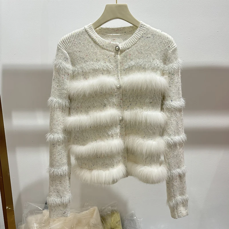 Nowa kolekcja 2025: Damski jesienny niebieski sweter z prawdziwego futra lisa, naturalne futro, nowy wzór, dzianinowa kurtka.