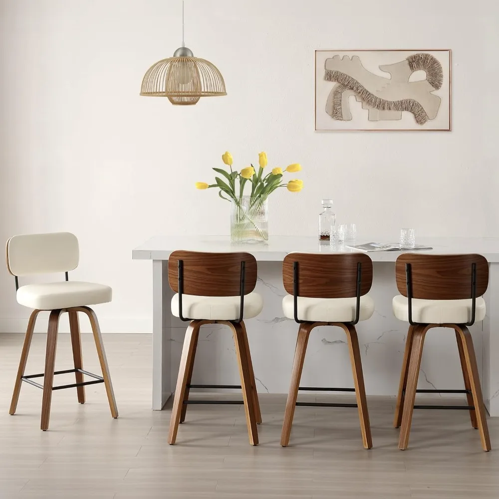 

Rotating counter height bar stool set, 4 pieces of 26 inch cushioned faux leather bar stools, backrest and curved wooden legs