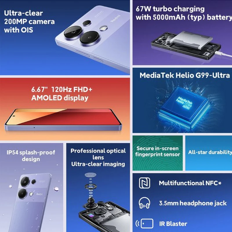 Global Version Xiaomi Redmi Note 13 Pro 4G 200MP OIS Camera Smartphone 120Hz AMOLED 67W Helio G99 Ultra 5 NFC