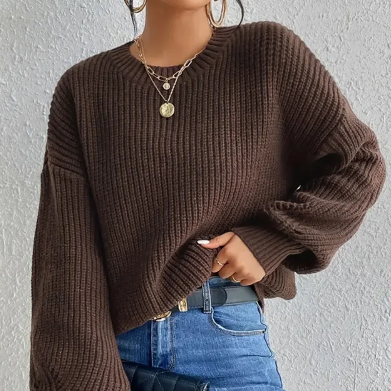 2025 Round Neck Pullover Knit Sweater Solid Color Brown Autumn and Winter Comfortable Casual Thread Off Shoulder Sleeve Sweater