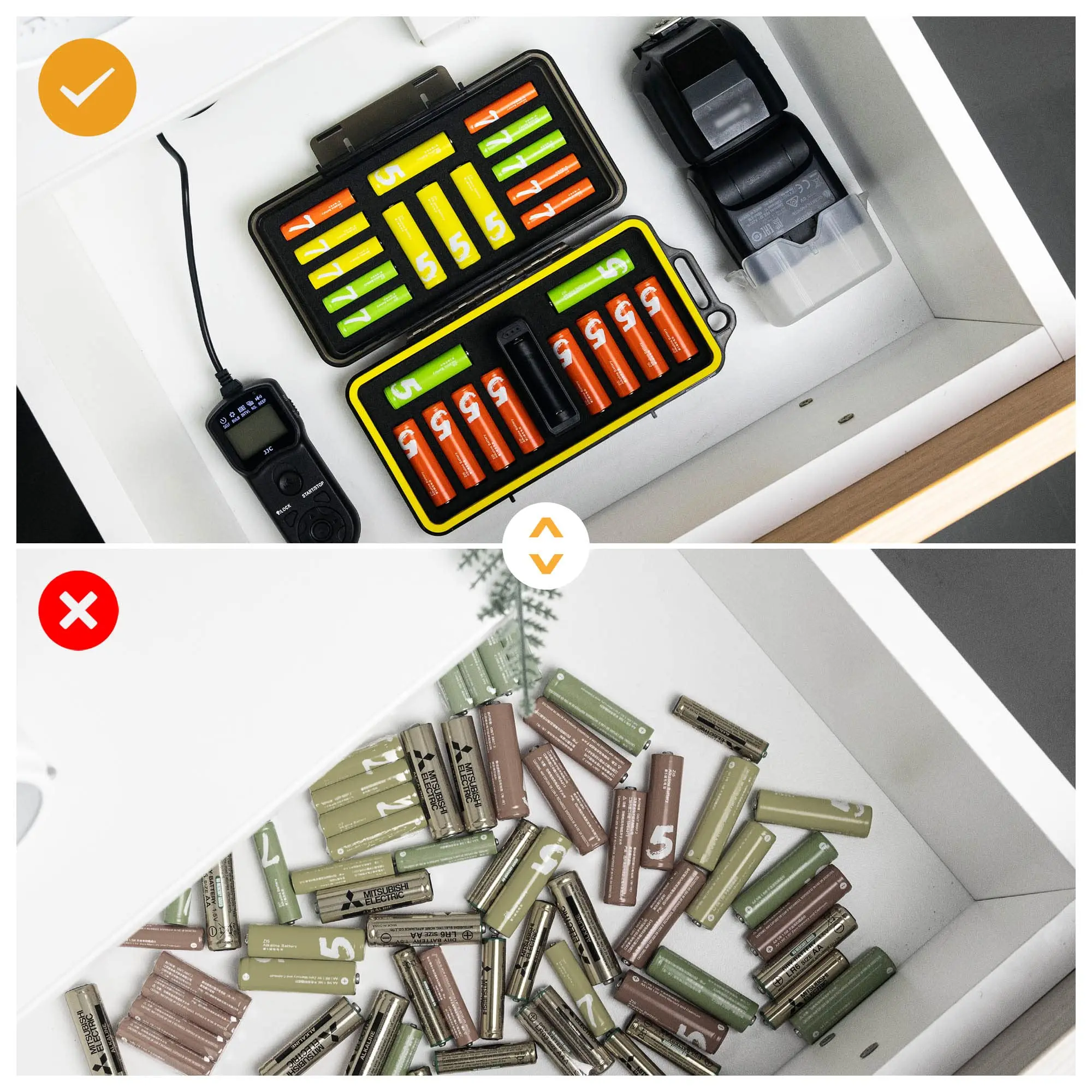 AA AAA Battery Storage Case Holder with Battery Tester Waterproof Hard Battery Organizer Container for 14 x AA &10 x AAA Battery