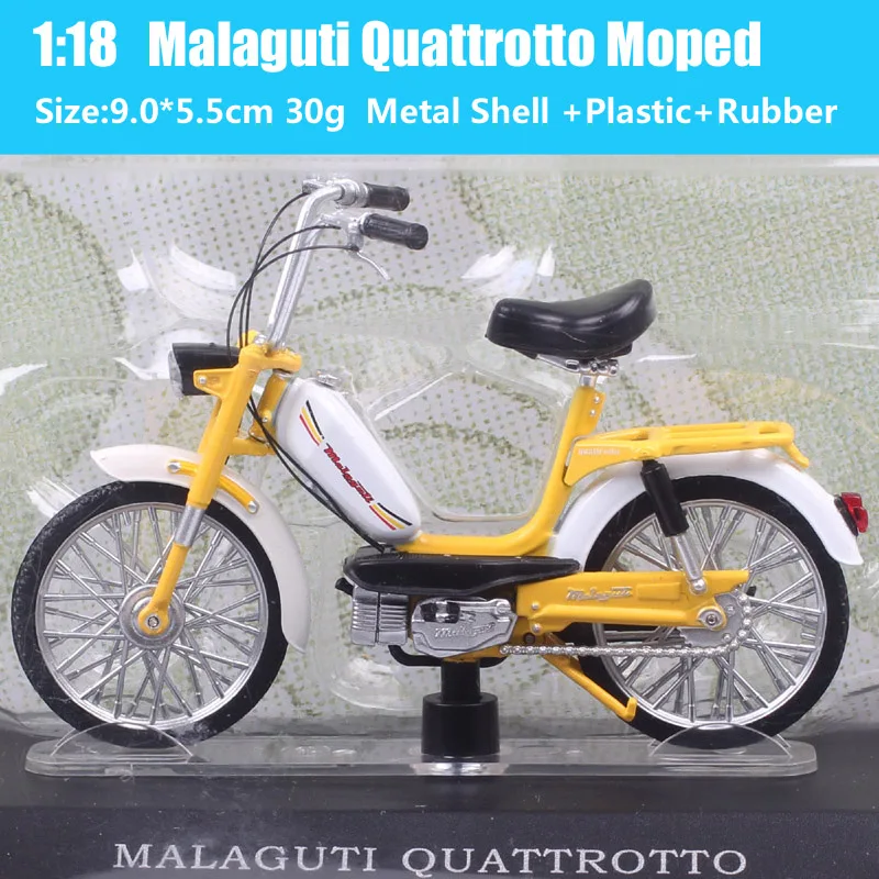 LEO 1/18 Mini Scale Atlas Malaguti Quattrotto Moped Bike Model Motorcycle Diecast Scooter Toy Vehicles Miniatures Gift Yellow