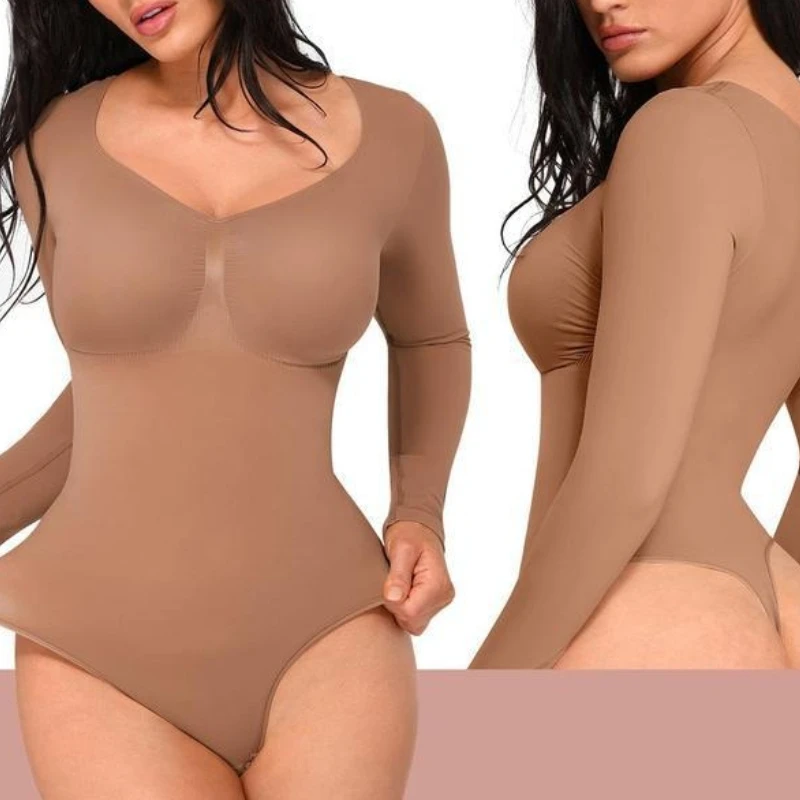 Nahtloser Langarm-Bodysuit für Damen, Langarm-Damen-Body, Streetwear, sexy Bodycon-Oberteil mit quadratischem Ausschnitt, eng anliegend, mit Schritt, Overall-Top – Detail 6
