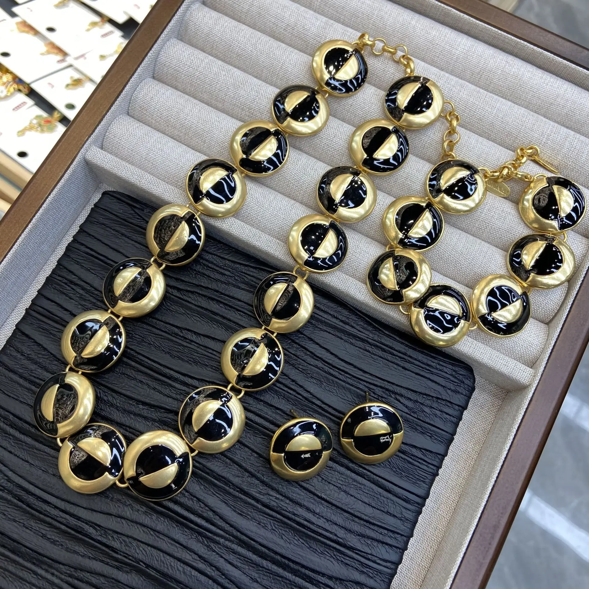 Women Galvanized Real Gold Black Asymmetrical Enamel Glazed Necklace Bracelet Silver Pin Earrings Set