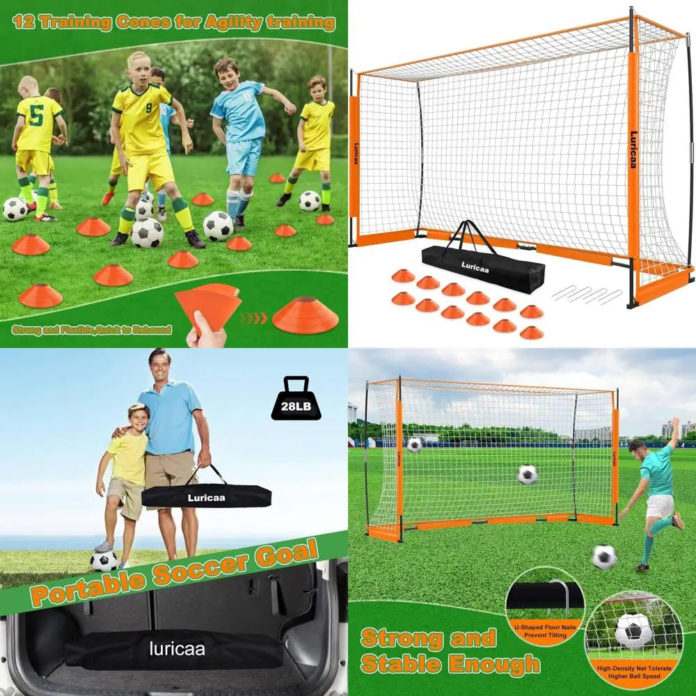 

Портативный футбольный воротник 12x6 футов для игр на заднем дворе, быстрая сборка, с сумкой для переноски, креплениями для крепления к земле и 12 тренировочными конусами