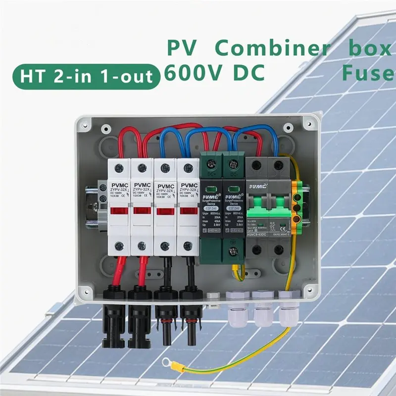 ABRU-Combiner Box 2 In 1 Out DC 600V 15A Solar Photovoltaic MCB SPD Waterproof IP65