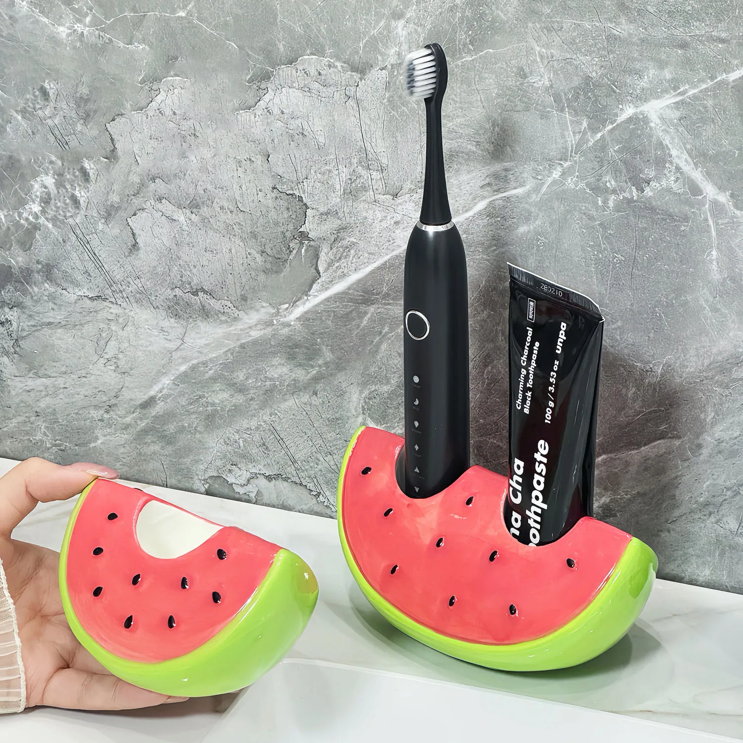 

1pc Watermelon Ceramic Toothbrush Holder Makeup Brush Storage Ornament Electric Toothbrush Storage Rack Bathroom Accessories