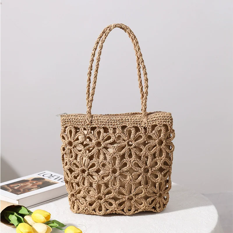 

Fashionable Women's Summer Beach Straw Shoulder Bags Casual Travel Tote Purses Water Resistant Hollow Flower Paper Woven
