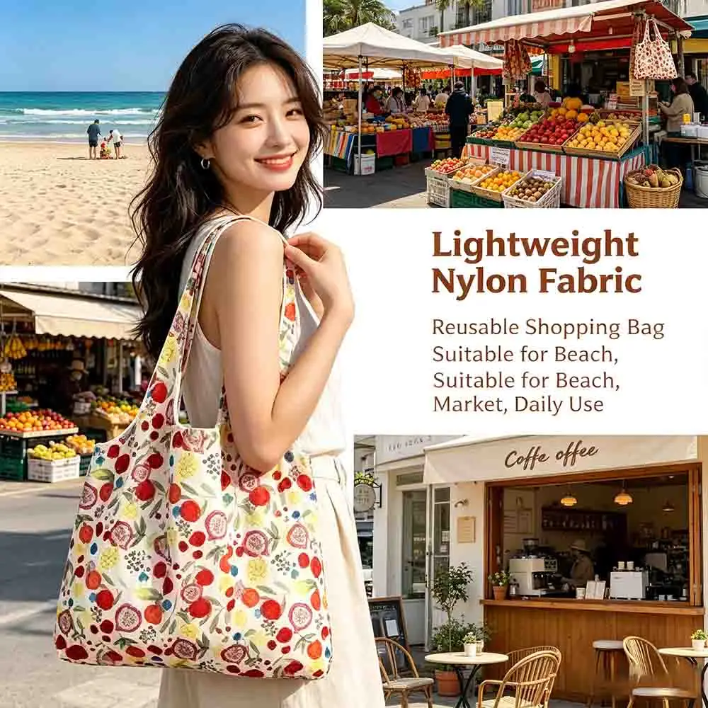 

Eco Shopper Bag Ripstop Nylon Women Travel Tote Watermelon Print Compact Fold Pouch Cute Fruit Reusable Sack Light Grocery Use