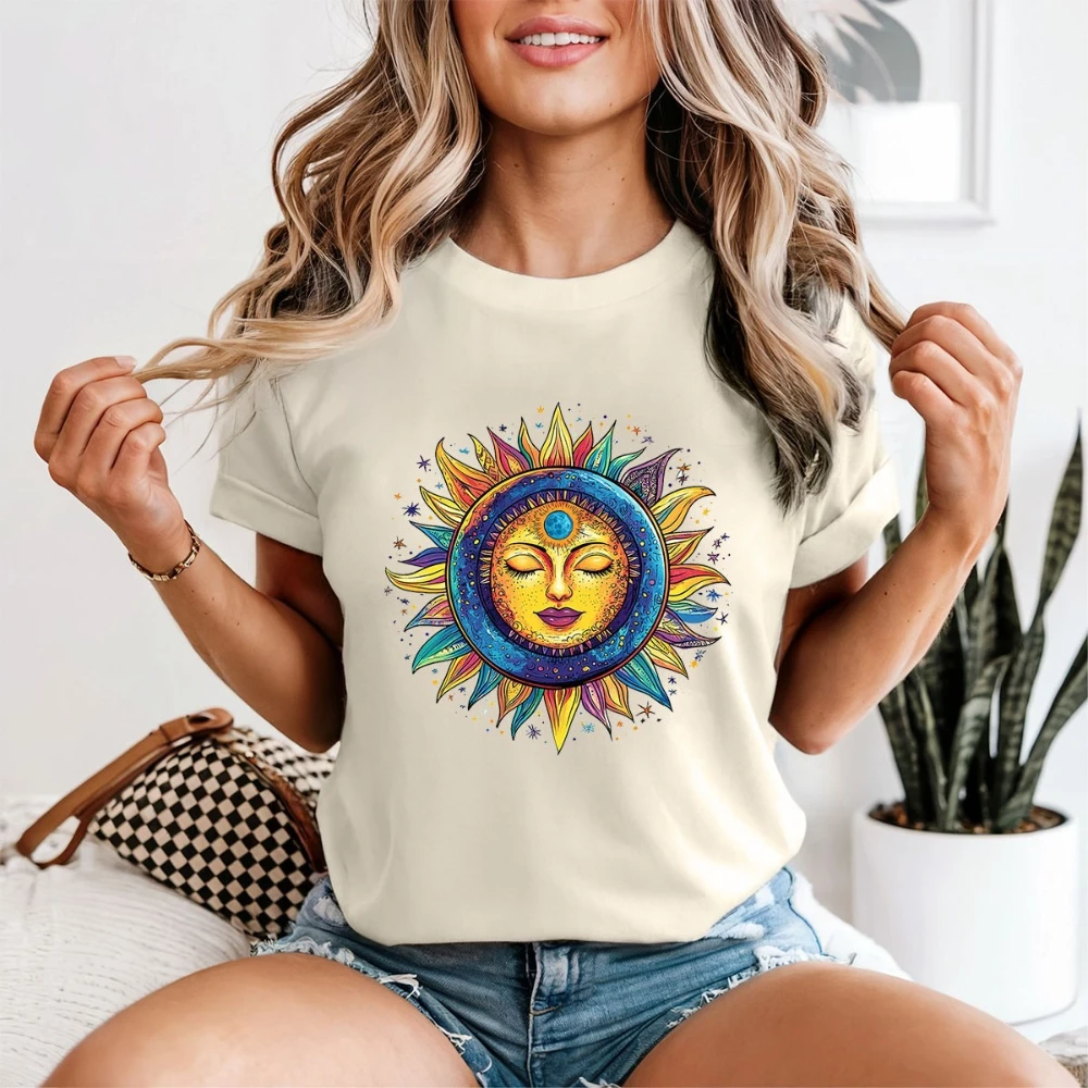 

Celestial Sun Moon Stars Bohemian Womens Graphic Tee Mystical Design Unisex Cotton Tshirt Short-sleev Fashion Casual Comfort Top