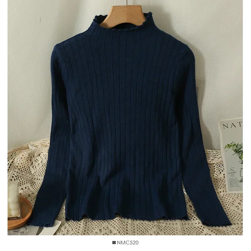 2026 جديد الخريف الشتاء نصف الياقة العالية كم طويل مضلع بلوفر مغزول عادية بلون لينة البلوزات القمم الأساسية