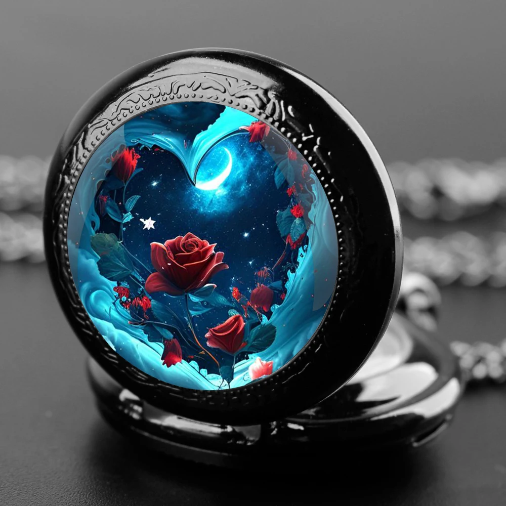 Quartz Pocket Watch Unique Rose Love Design Vintage Clock Chain Jewelry Pendant Clock Christmas Birthday Gift reloj de bolsillo