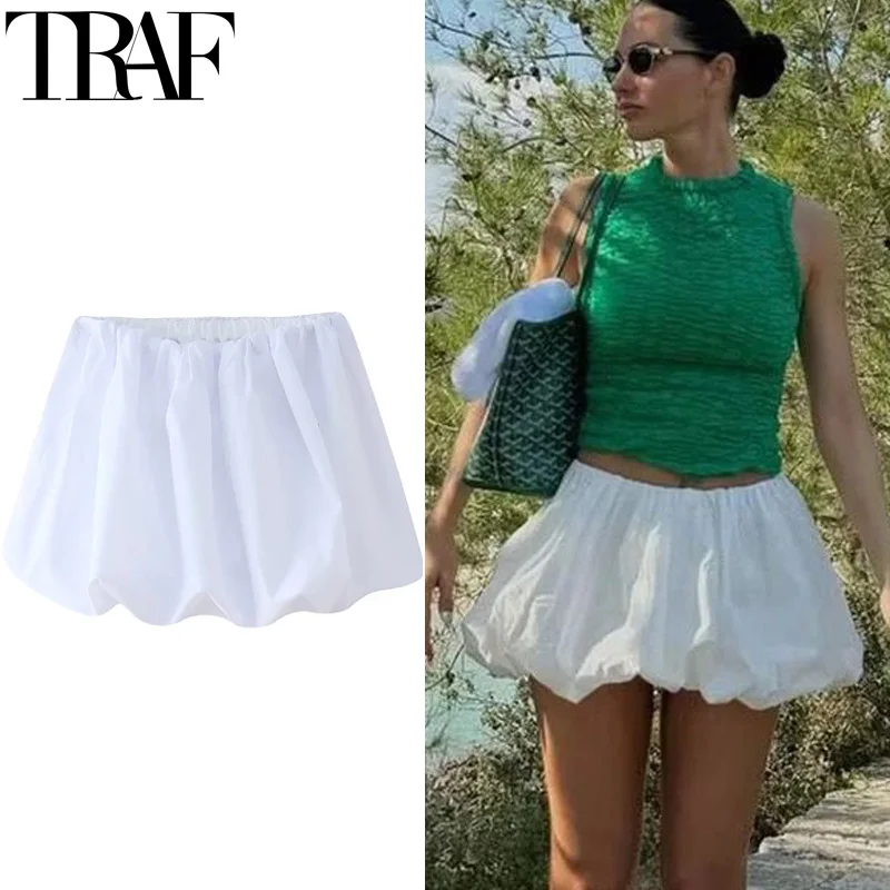 TRAF White Mini Skirt High Waist Balloon Skirts For Women Summer Puff Black Short Skirt Woman Ruched Casual Lantern Girls Skirt