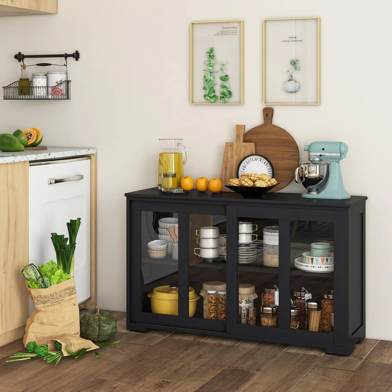 Black Tempered Glass and Wood Storage Cabinet for Kitchen and Entryway, Stackable with Adjustable Shelf