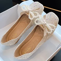 2024 Women 1.7cm Low Heels Elegant Bridal Flats Female Cute Pearl Bow Crystal Low Heels Lady Sweet Square Toe Slip On Flat Shoes