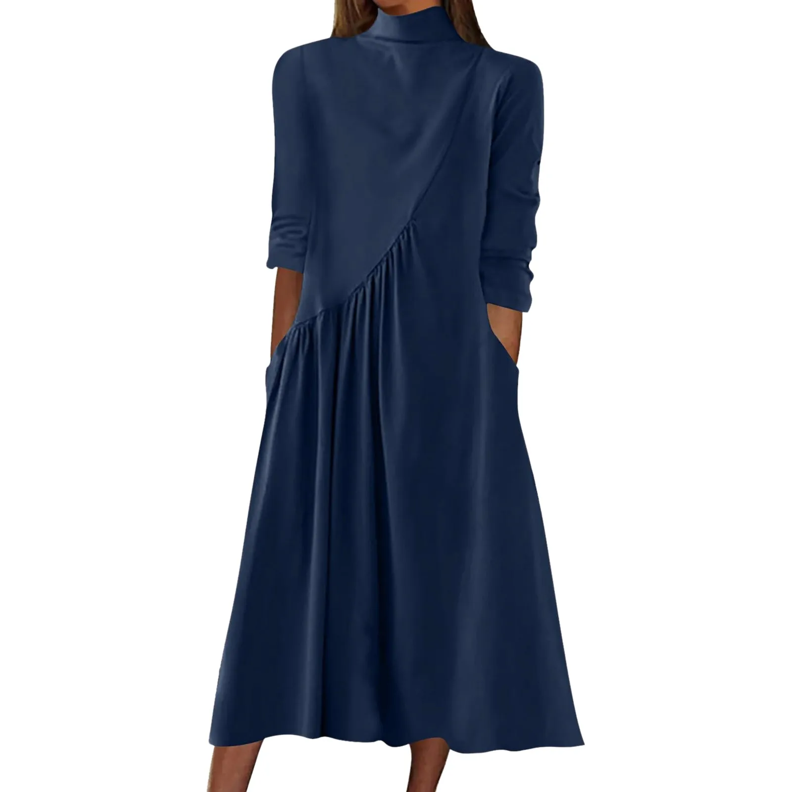 

Womens Long Sleeve Turtleneck Casual Dresses Fall Winter Vintage Loose Pleated Solid Color Swing Ladies Midi Dress With Pockets