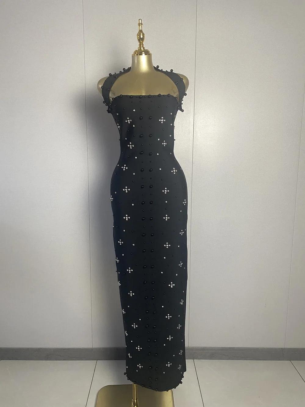 

New Women Sexy Halter Beading Backless Black Dress 2025 Elegant Evening Club Luxury Birthday Party Dresses