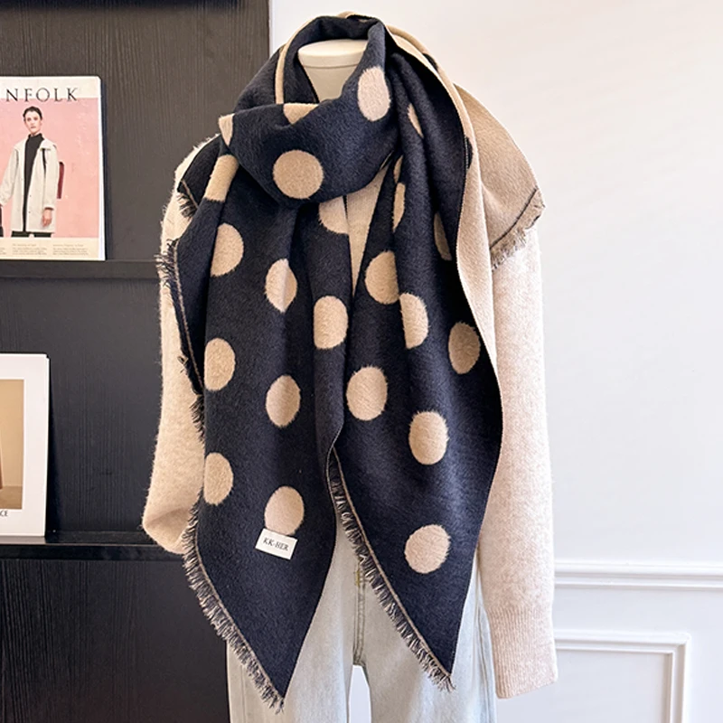 Damen-Kaschmirschal der Luxusmarke 2025, warmer Winter-Pashmina-Schal mit Quasten, gestreift und gepunktet, bedruckt, Foulard und Poncho – Detail 9