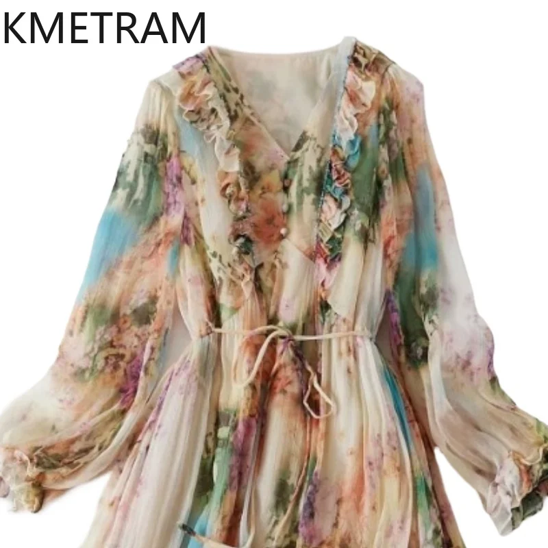 

KMETRAM 100% Mulberry Silk Dress Woman Summer 2025 Elegant printed Long Dresses V-neck Party Frock Ladies Clothes платье женское